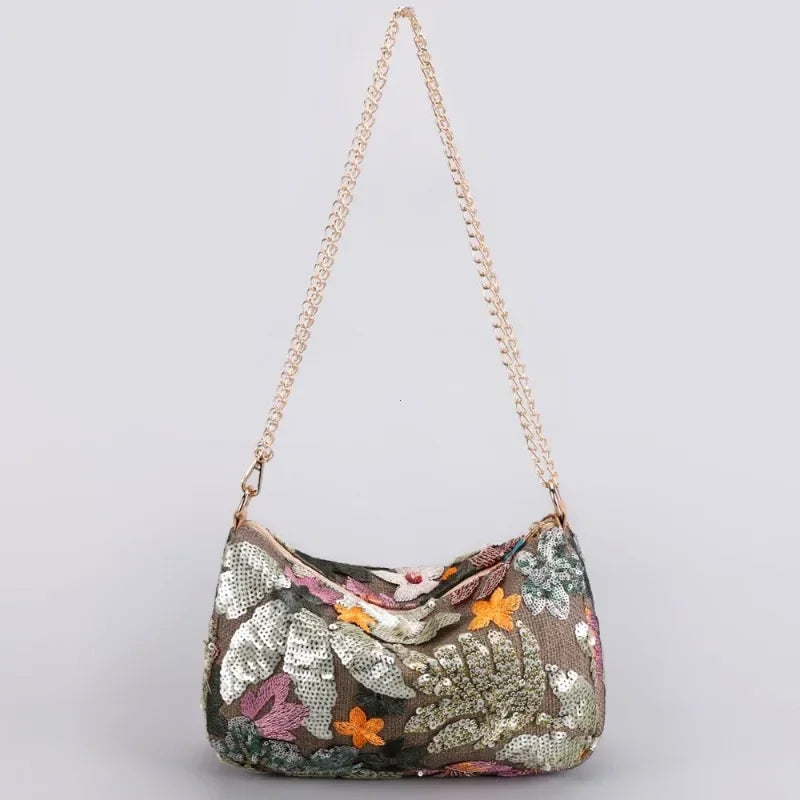 Cute Flower Embroidery Women Shoulder Bags Fashion Sequin Chains Crossbody Bag Summer Casual Beach Bag Hobos Handbag and Purse