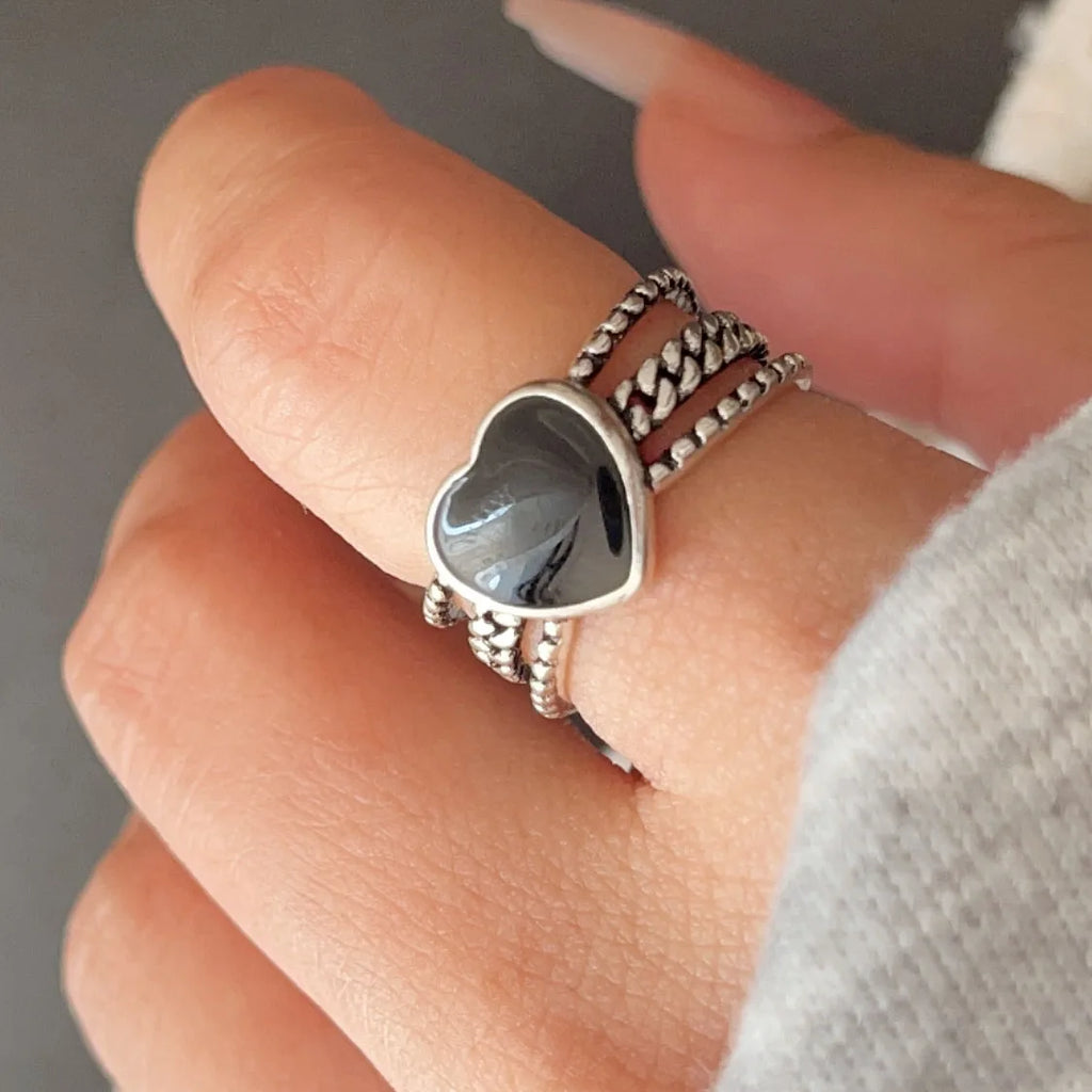 925 Sterling Silver Rings For Women Geometric Fine Jewelry Finger Adjustable Wide Heart Stone Ring For Party Birthday Gift