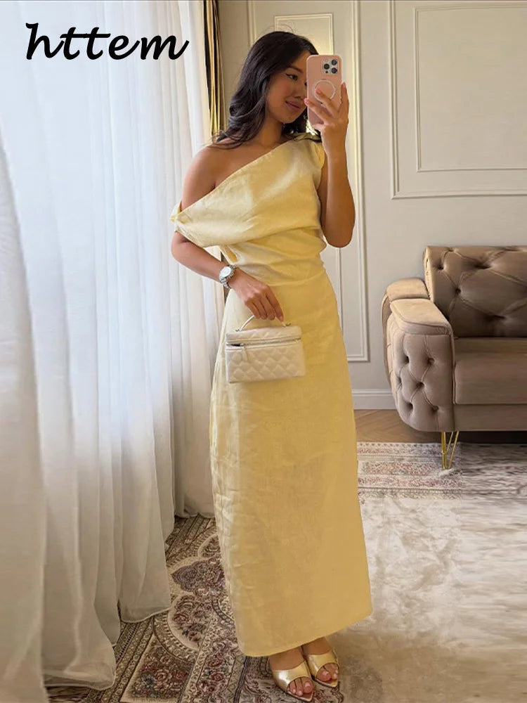 Elegant Off Shoulder Pleated Long Dress Slim Slash Neck Sleeveless Female Party Dresses 2026 Summer Autumn Lady Chic Solid Robes