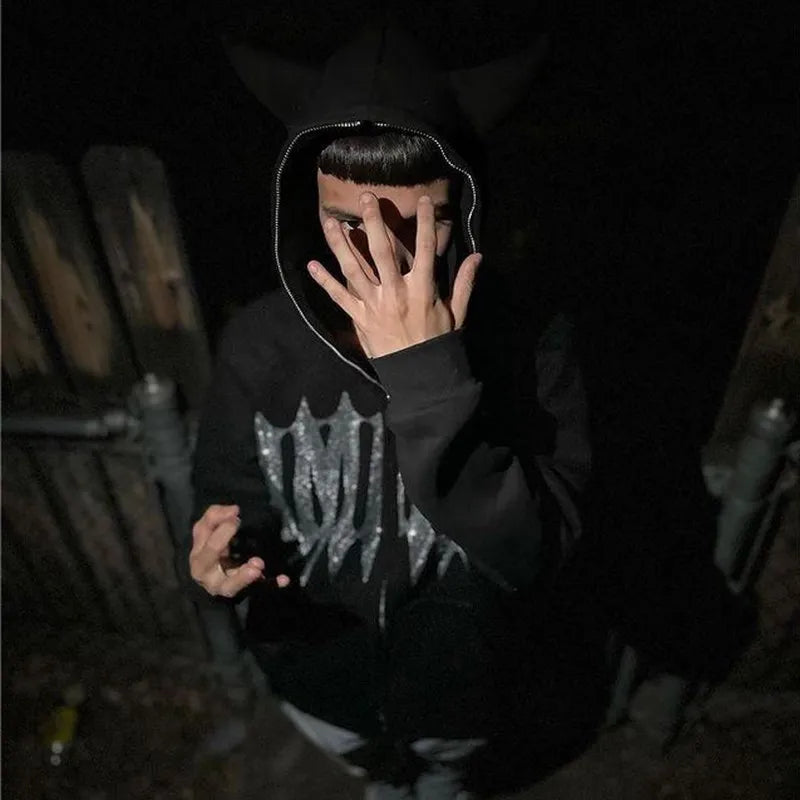 Men Y2K Fashion Hoodie Monster Horn Rhinestones Hoodie Clothes Hoodies Goth Grunge Long Sleeve Women Sweatshirt Oversized Tops