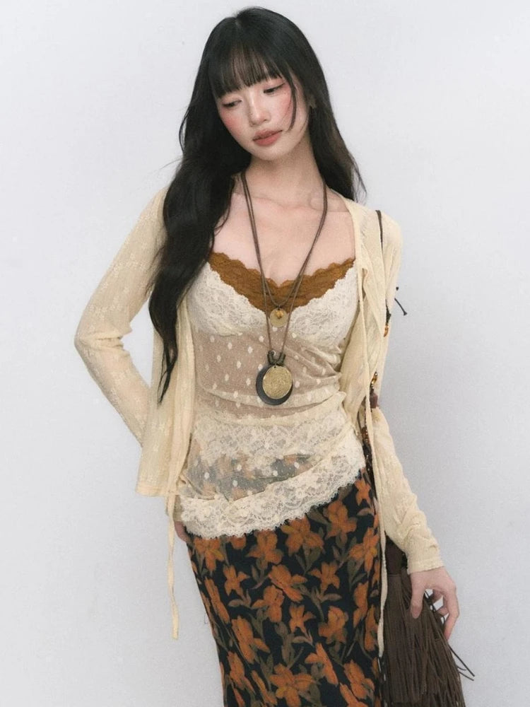 Sweet 3 Piece Sets Women Sun Protection Lace Bandage Cardigan + Patchwork Slim Fit Vest + Vintage Flower Skirts Y2k Outfits