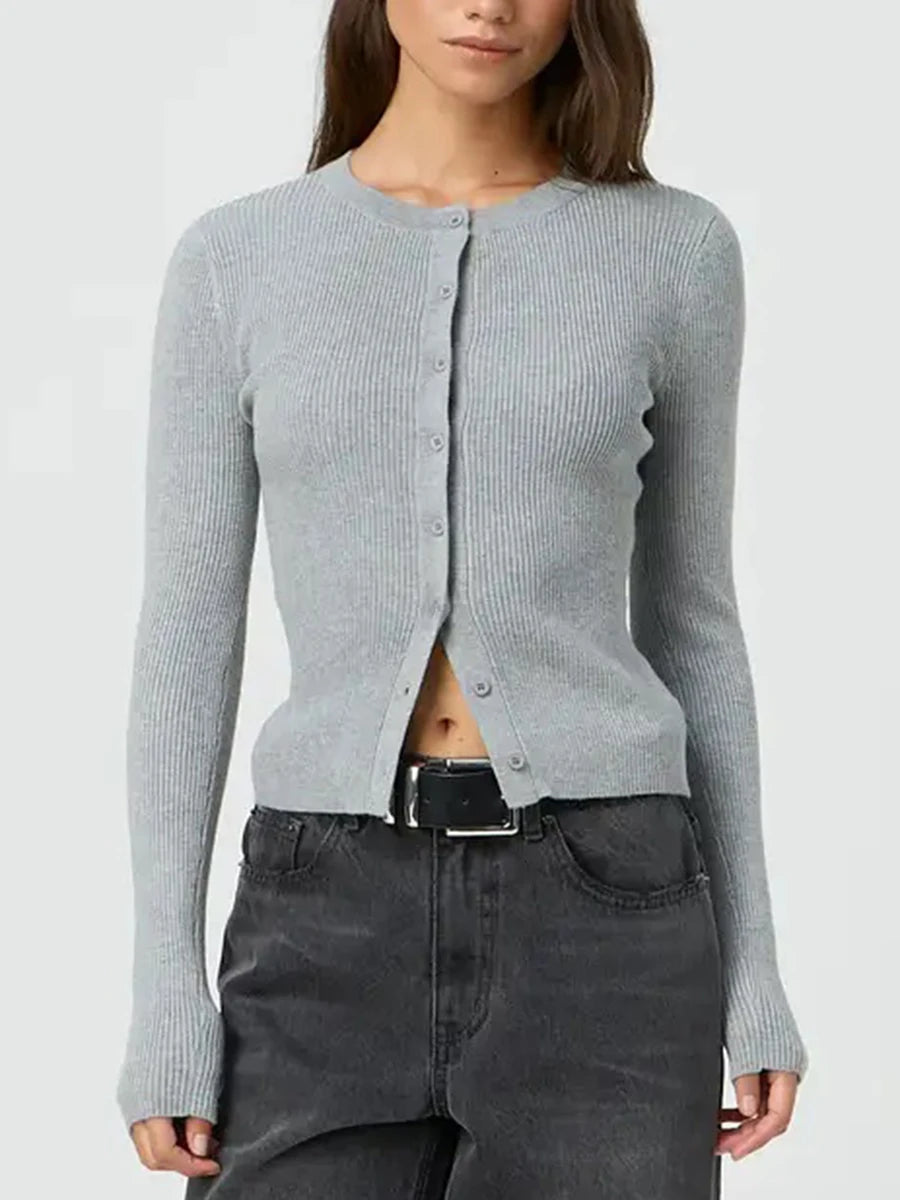 Women's Ribbed Cardigan Tops Spring Fall Solid Color Long Sleeve Round Neck Button Up Cropped Sweaters Female Casual Pullovers