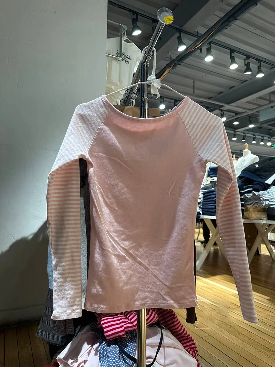 Solid Patchwork Long Sleeve T-shirt Women Summer New Off Shoulder Raw Hem Slim Tee Shirts Preppy Style Simple Casual Tops Tshirt