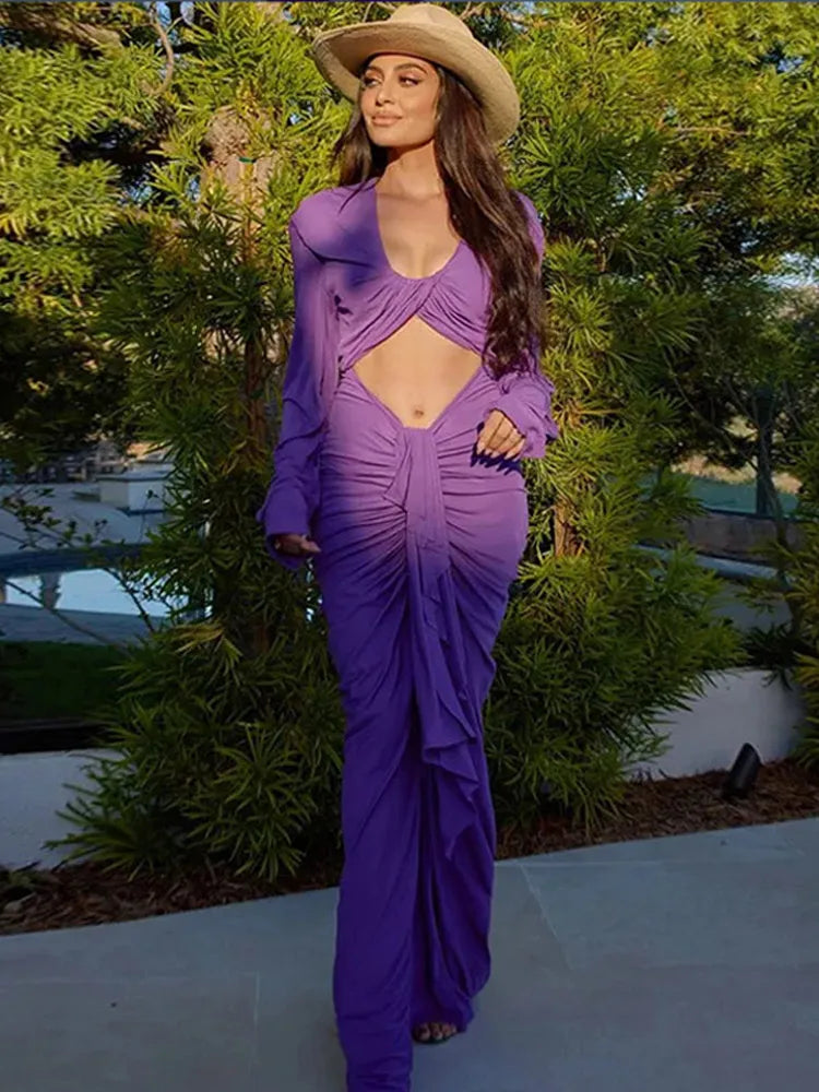 Purple Hollow Out Slim Maxi Dress Women Elegant Deep V Neck Cross Pleated Full Sleeve Long Dresses 2025 Fashion Lady Party Robes