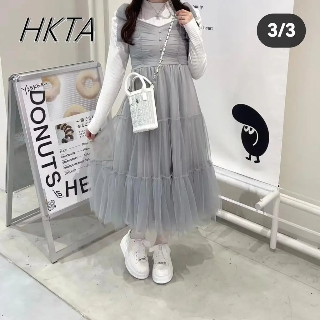 Japanese Style Niche Women Dresses Spring Summer Autumn Girl Sweet Bow Mesh Dress Lolita Cute Fairy Long Suspender Dress
