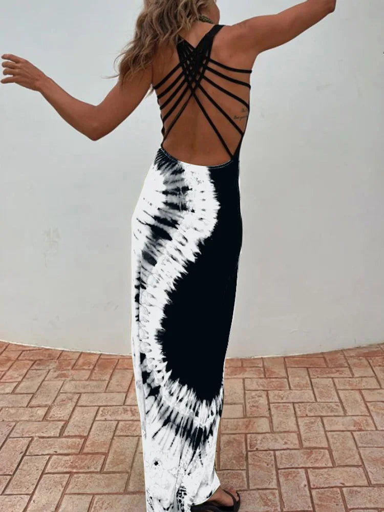 Summer Women Sleeveless Holiday Maxi Dress, Hollow Sexy Patchwork Party Dress, 2025 Printed Fashion Simple Ladies Dress Vestidos