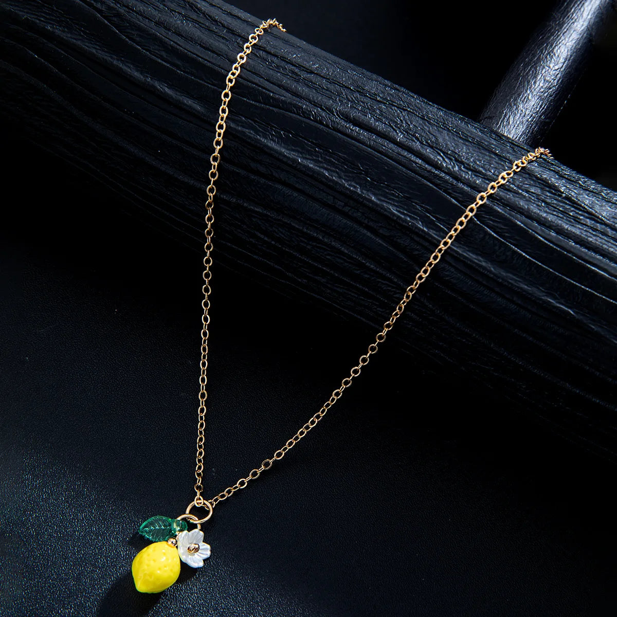 Fashion Cute Yellow Fruit Lemon Little Flower Green Leaf Pendant Metal Chain Adjustable Necklace for Women Summer Jewelry Gifts