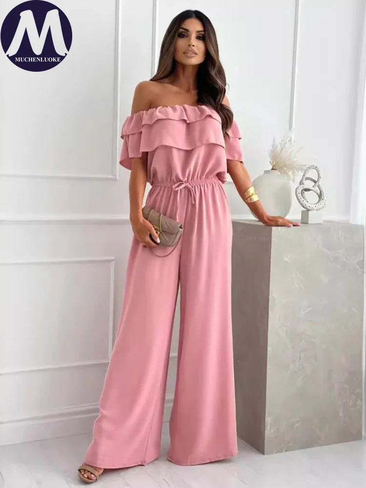 Summer Off-Shoulder Jumpsuit for Women Short-Sleeved Flounce Slim Fit Elastic Waist Fashionable Casual Jumpsuits