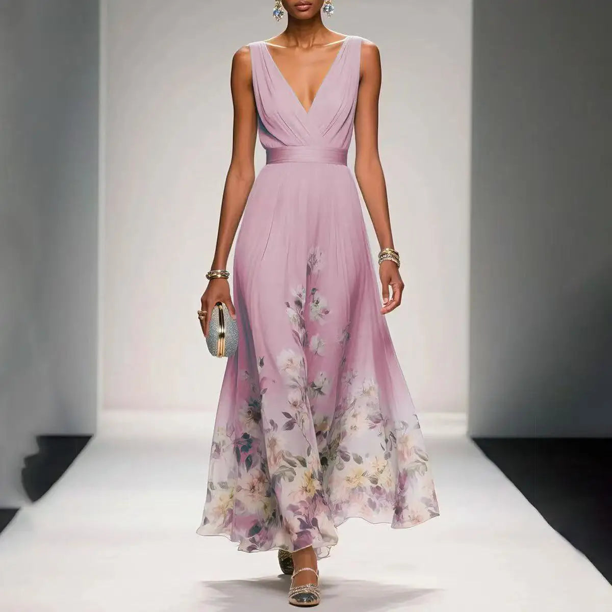 Womens Boho Halter Hollow Vacation Dresses Spring Floral Print High Waist A-Line Pleated Dress Summer Sleeveless Long Maxi Dress
