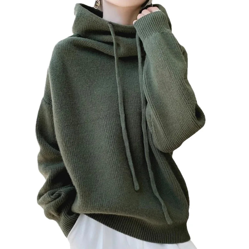 Hoodies Sweater Women Pullover Hooded Thick Knitting Top Drawstring Knitwear Autumn Winter Knitted Tops Jumper Office Lady 2025