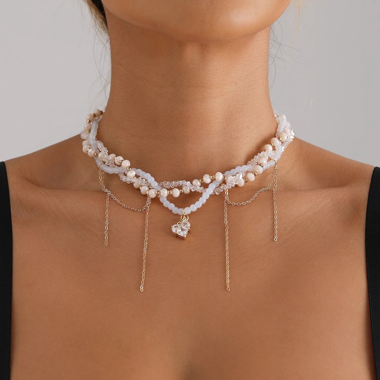 Y2K Heart Beaded Necklace Women Boho Irregular Crystal Class Gravel Clavicle Chain Cool Y2K Choker Exquisite Fashion Jewelry