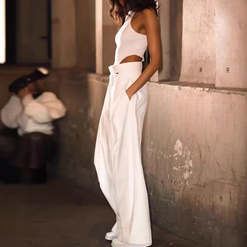 Fashion Jumpsuits For Women  Summer O Neck Sleeveless Hollow Out Slim White High Waist Wide Leg Jumpsuit  Chic Sexy Jumpsuit