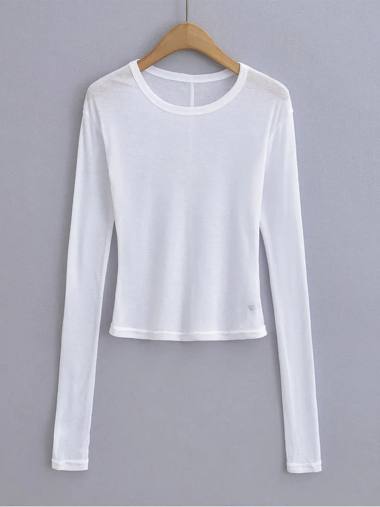 Spring and summer women's round neck slim fit long sleeved semi transparent T-shirt