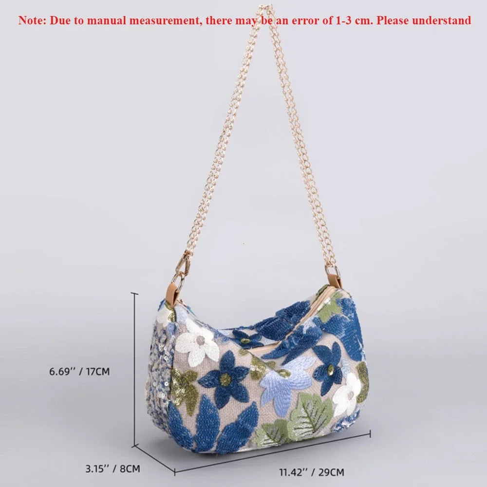 Cute Flower Embroidery Women Shoulder Bags Fashion Sequin Chains Crossbody Bag Summer Casual Beach Bag Hobos Handbag and Purse