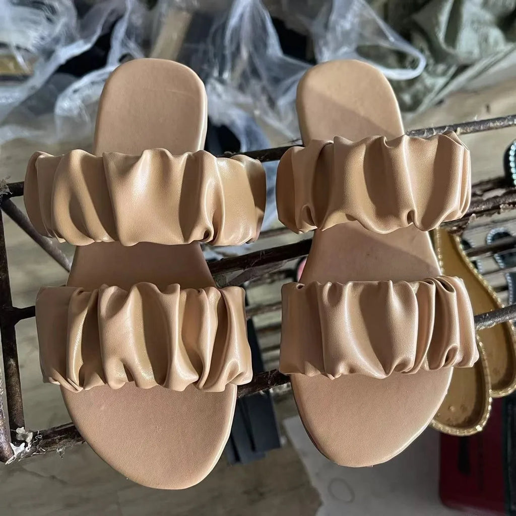 2024 women's summer new double-layer leather sandals pleated flat bottomed women's outdoor beach outdoor slippers