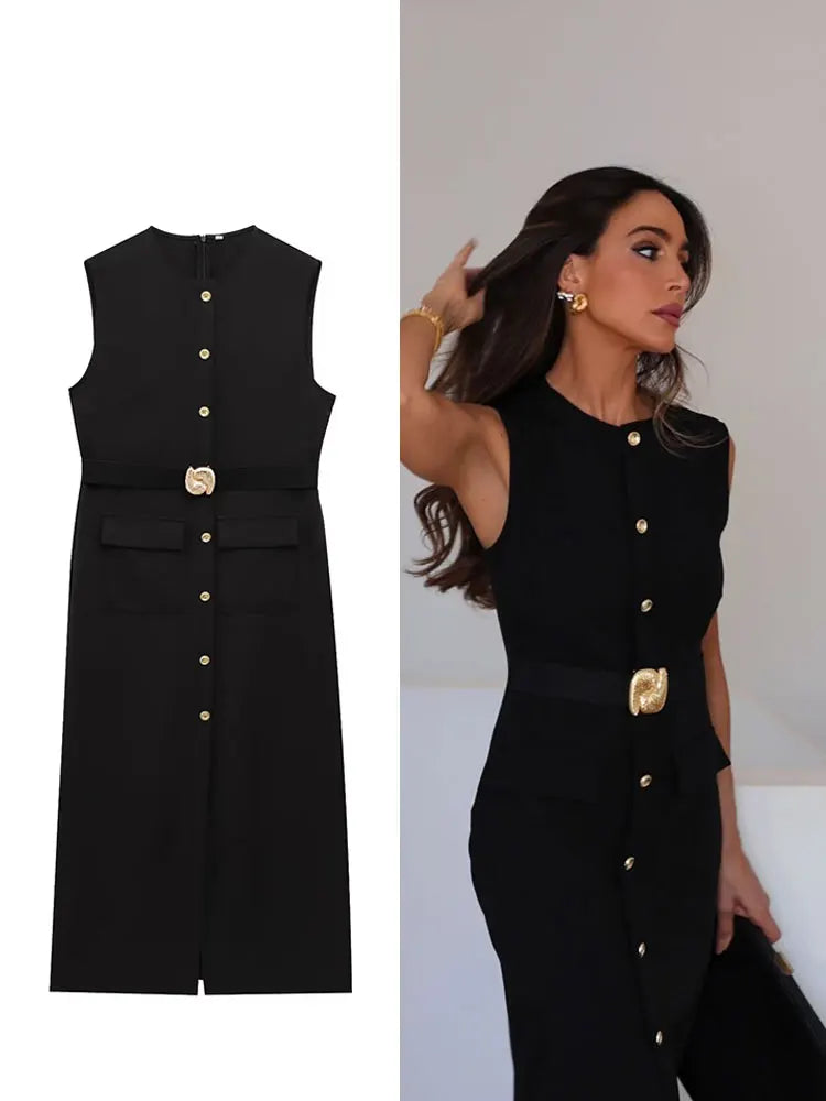 HH Women Elegant Black Dress O Neck Single Breasted Sleeveless Dresses With Belt Summer Casual Office Lady Dress Vestidos