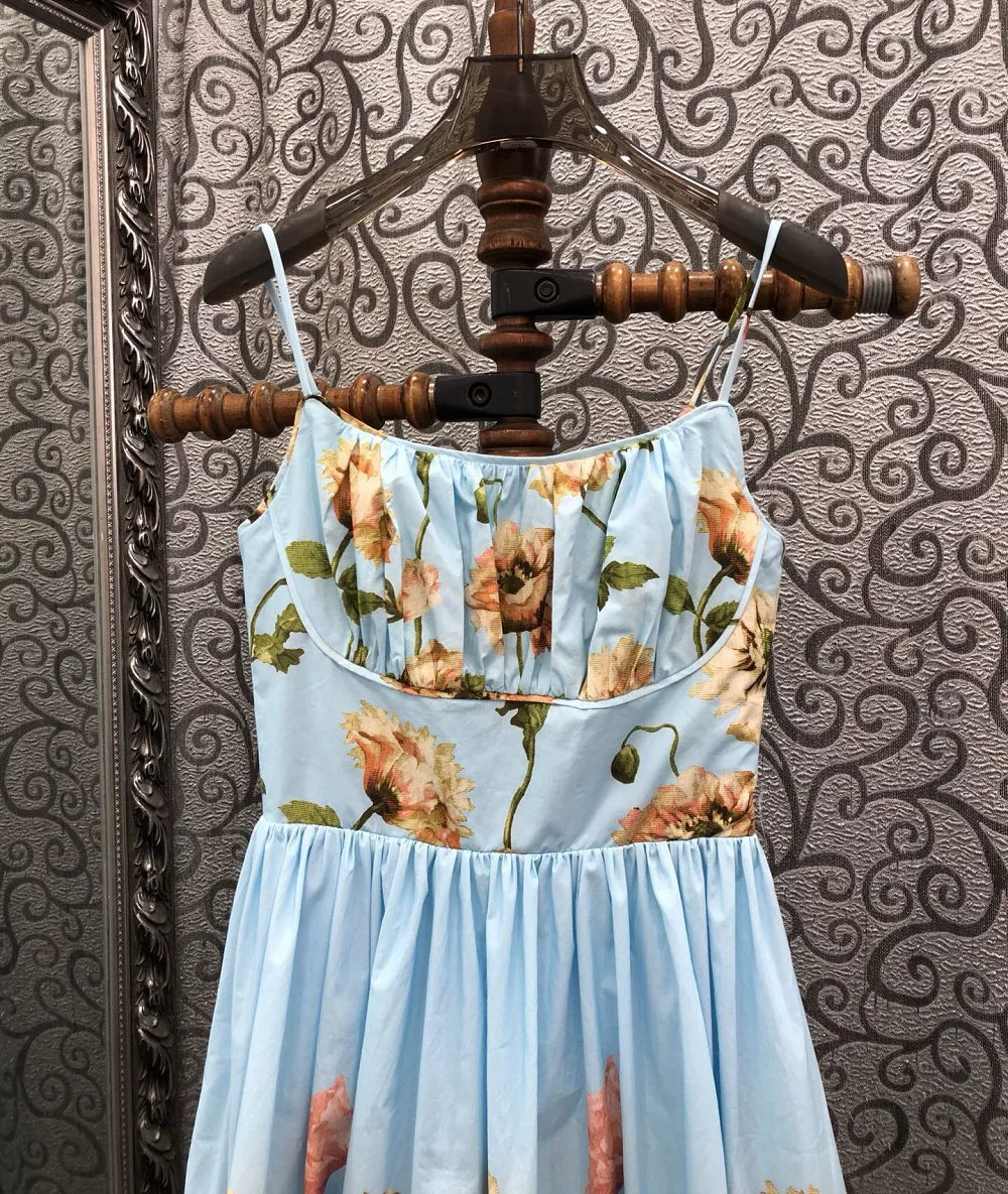 100%Cotton Long Dress 2026 Summer Evening Party Women Spaghetti Strap Colorful Floral Print Luxury Long Blue Maxi Dress Club