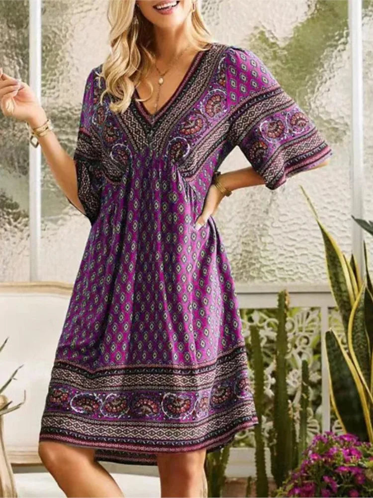 Bohemian Vintage Printed Dress Women's V-Neck Short Sleeved Mini Dresses Elegant Summer Casual Loose Party Dress Robe Femme