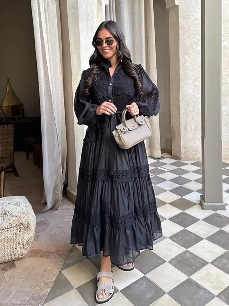 Hollow Out Women's Long Dresses Lantern Sleeves Lace Up Pearl Single Breasted Vestidos Spring Female Solid Elegant Robe 2026