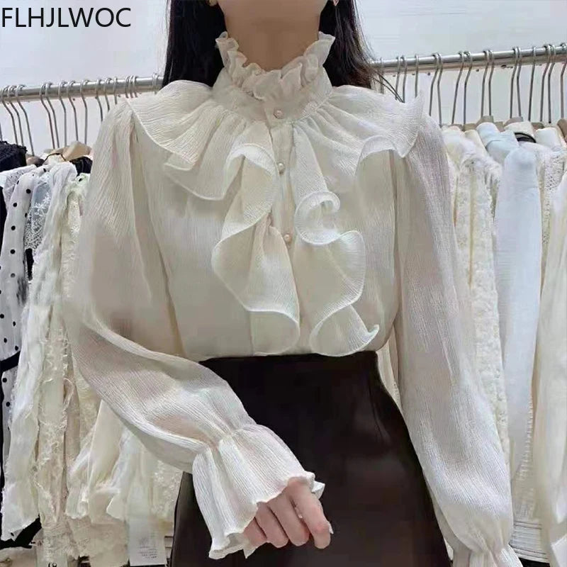 2023 Women Korean Style Design Clothes Flare Sleeve Elegant Office Lady Cute Sweet Basic Shirts Blouses