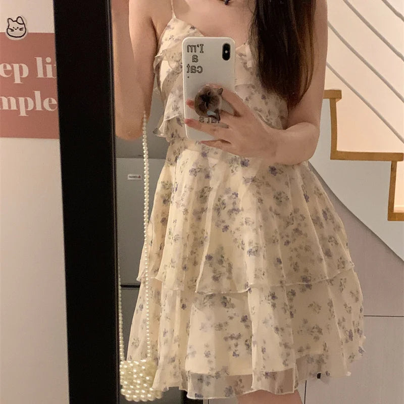 Mini Dresses Women Floral Tender Sleeveless Designed Kawaii Schoolgirls Korean Style Fashion Leisure Vacation Summer Vestidos