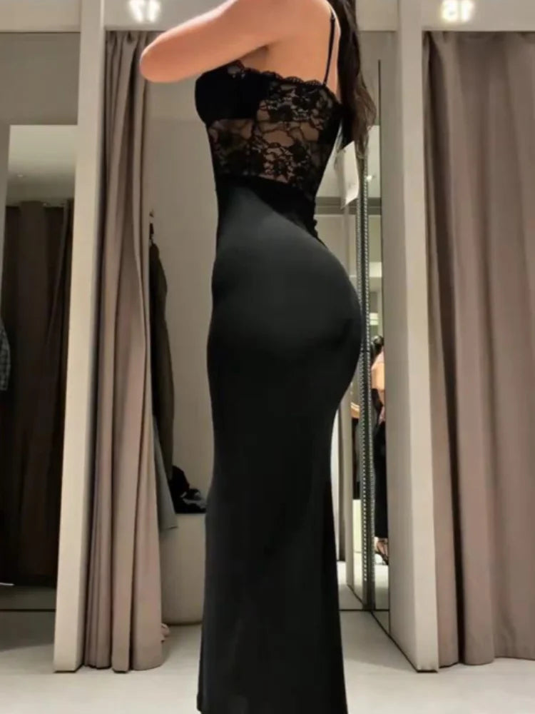 Sexy Lace Patchwork Spaghetti Strap Dresses Women's Slim Sleeveless Hip-wrap Ankle-length Dress 2026 New Ladies Evening Robe