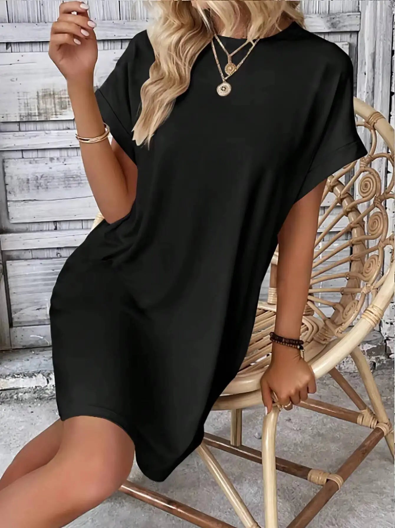 Mini Dress Spring Summer Women Black Short Sleeve Round Neck Loose Casual T-Shirt Dress with Pockets