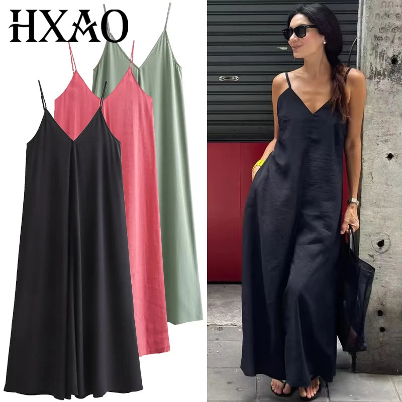 HXAO 2025 Women's Slip Dress Summer Green Red Black Dress Casual V-Neck Backless Long Dresses Sleeveless Vestidos Resort Dresses