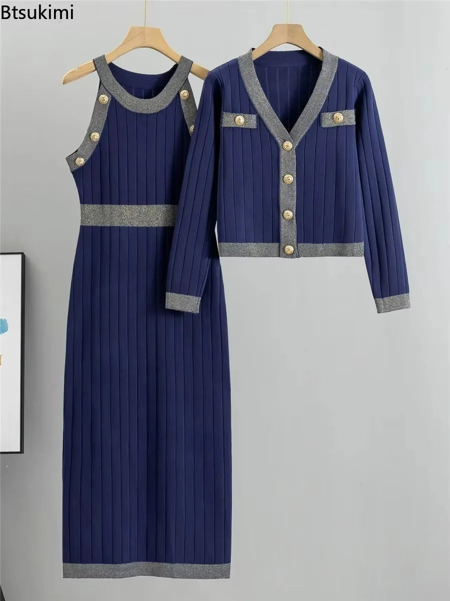 French Style Dress Sets Women's High Waist Knitted Two-pieces Sweater Tant Dress and Coats Spring Autumn Fashion Elegant Outfits