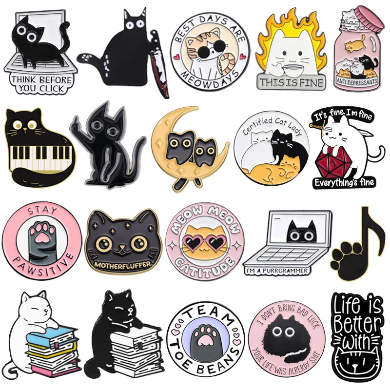 Cute Black White Cats Enamel Pins Certified Cat Lady Cartoon Kitty Claw Animal Brooch Lapel Badge Fashion Friends Jewelry Gifts