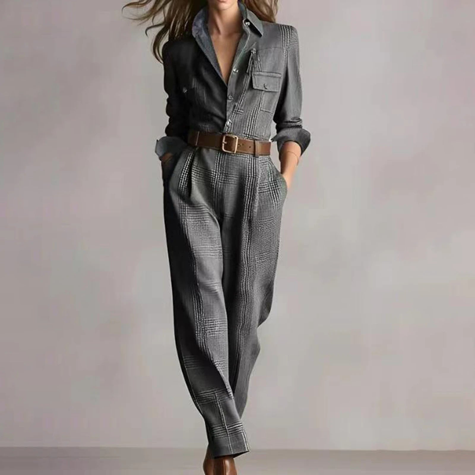 Womens Jumpsuit Beige Plaid Shirt-Style Jumpsuits Belted Wide-Leg Casual Office Jumpsuits 2026 Fashionable Outfit Vestido