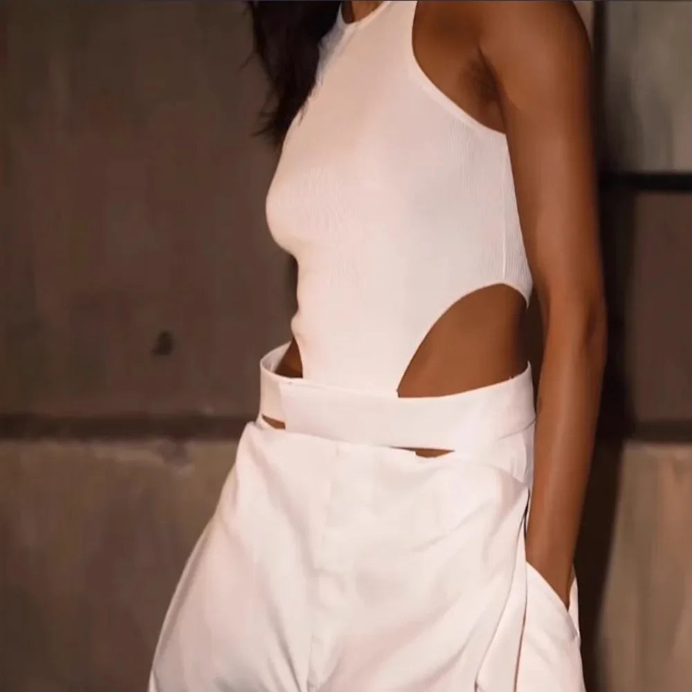 Fashion Jumpsuits For Women  Summer O Neck Sleeveless Hollow Out Slim White High Waist Wide Leg Jumpsuit  Chic Sexy Jumpsuit