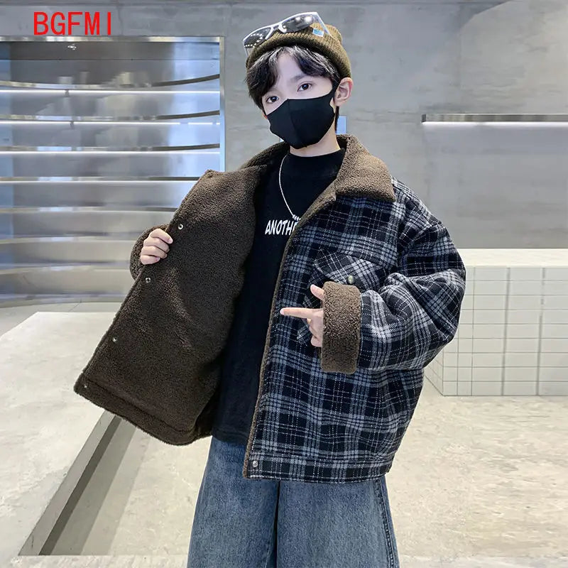 2026 Winter New Children Warm Grid Lapel Coat Plus Velvet Thick Girls Woolen Jacket Boys Cotton Fleece Coat Teenage Kids Jacket