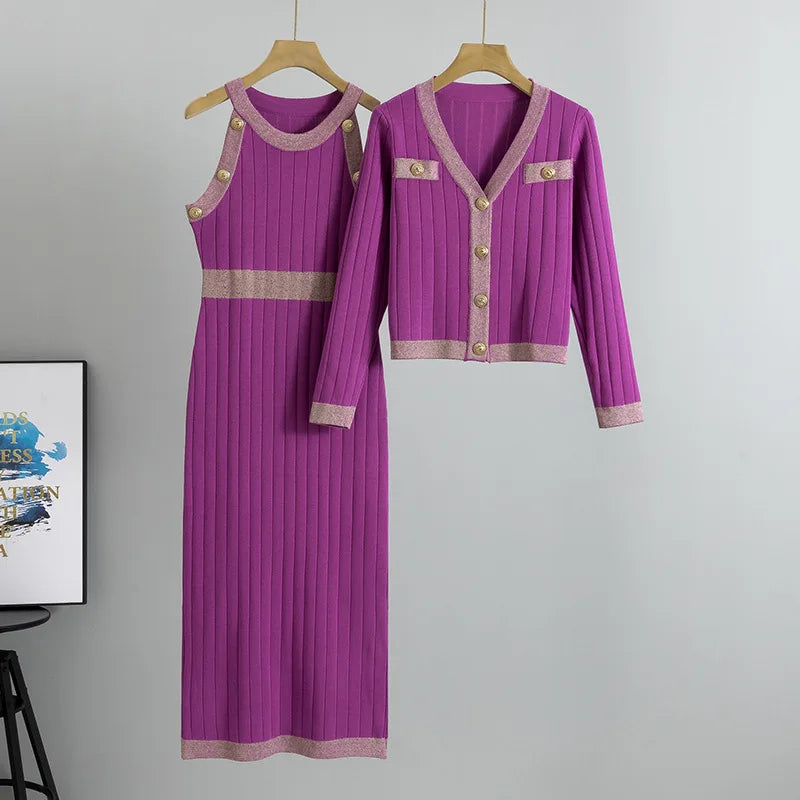 French Style Dress Sets Women's High Waist Knitted Two-pieces Sweater Tant Dress and Coats Spring Autumn Fashion Elegant Outfits
