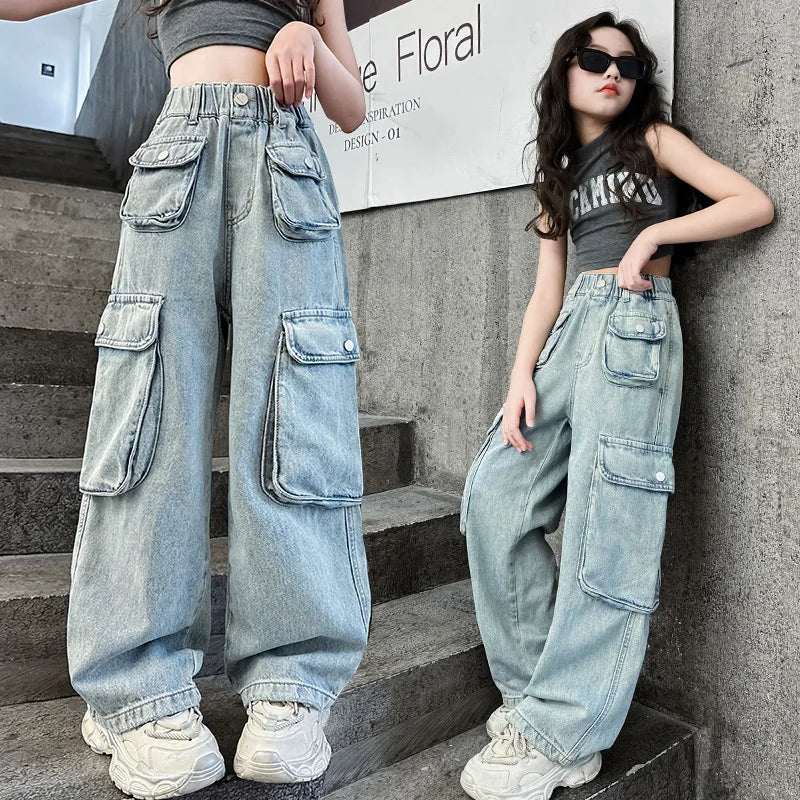 Girls Trousers Big Pocket Jeans 2025 Spring and Summer New Large Children Loose Cargo Pants Stylish Baggy Pants Simple Casual
