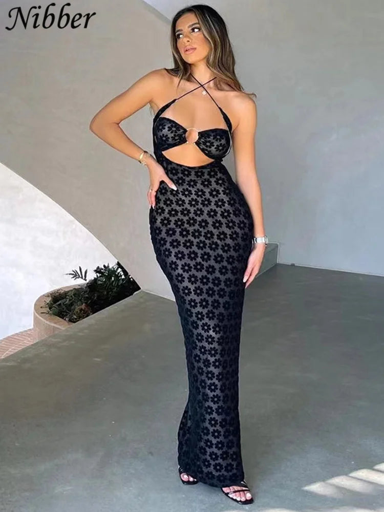 Nibber Dresses Women Maxi Dress Solid Color Hanging Neck Sexy Hollow Perspective Bag Hips Robe Female 2022street Trendy Clothing