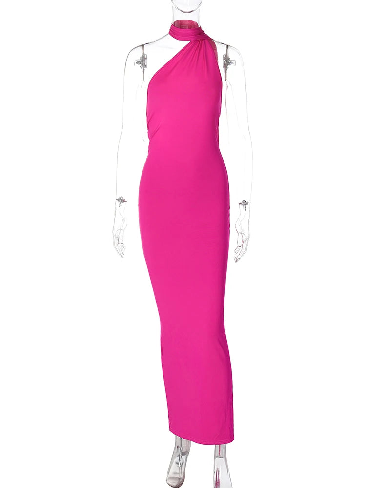 Hugcitar One Shoulder Backless Adjustable Scarf Loop Ruched Sexy Maxi Dress 2025 Women Elegant Y2K Streetwear Festival Outfit