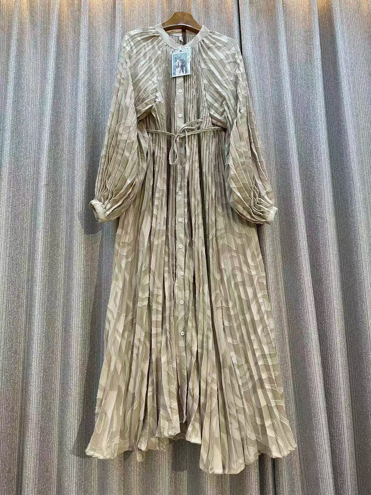 Clearance Temperament Women Lantern Long Sleeves O-Neck Slim Single Breasted Print Maxi Dress Elegant Vintage Chic Spring Dress