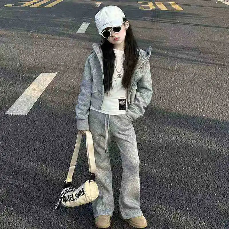 2026 winter spring teenager kids girl Children set Clothes crop top Hooded + black Straight pants 4 6 7 8 9 10 11 12 14 15 Year