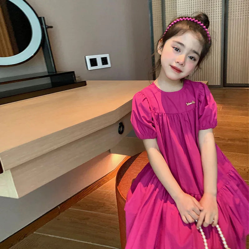 Summer Girls Dress Spring Children Sweet Princess Gown Kids Casual Short-sleeve Vestidos Baby Girl Solid Color Clothing Dresses