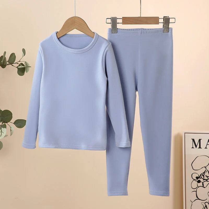 Children's solid color warm suit boys and girls grinding wool autumn clothes and trousers 2-piece home clothes plus size