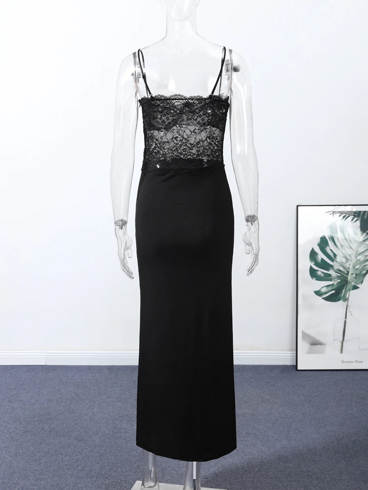 Sexy Lace Patchwork Spaghetti Strap Dresses Women's Slim Sleeveless Hip-wrap Ankle-length Dress 2026 New Ladies Evening Robe