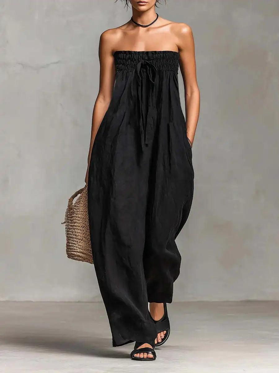 Elegant Sexy Off Shoulder Jumpsuit Women 2026 Summer Ruched Lace-up Sleeveless Backless Romper Casual Wide Leg Pocket Overalls