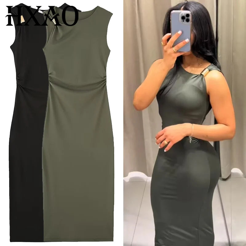 HXAO Womens Ruffled Bodycon Dresses Green Black Dress Summer Woman Sexy  Sleeveless Long Dresses Asymmetric Corset Vestidos 066