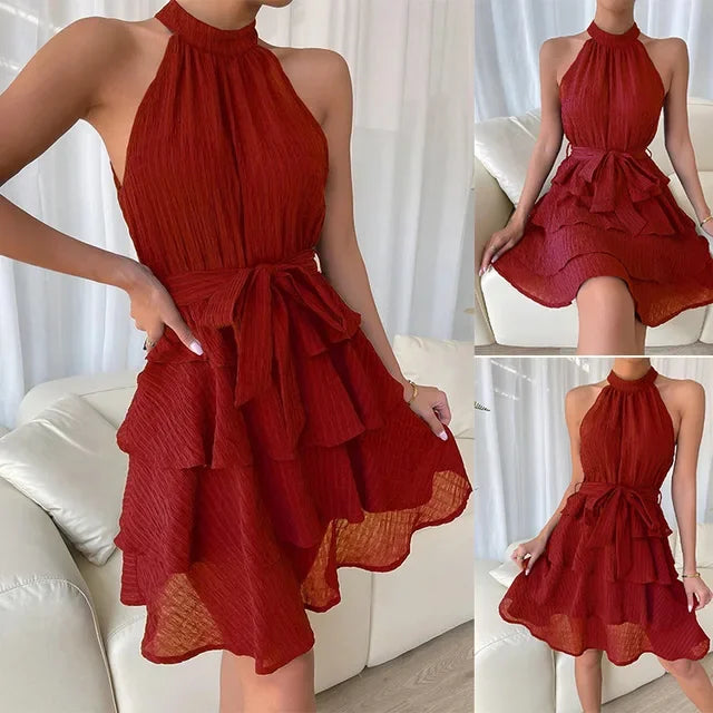 Women's Red Mini Dress Vestidos 2025 Summer Fashion Sexy Style Halter Sleeveless Ruffle Edge Tied Woman Dresses Women Sundress