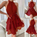 Women's Red Mini Dress Vestidos 2025 Summer Fashion Sexy Style Halter Sleeveless Ruffle Edge Tied Woman Dresses Women Sundress