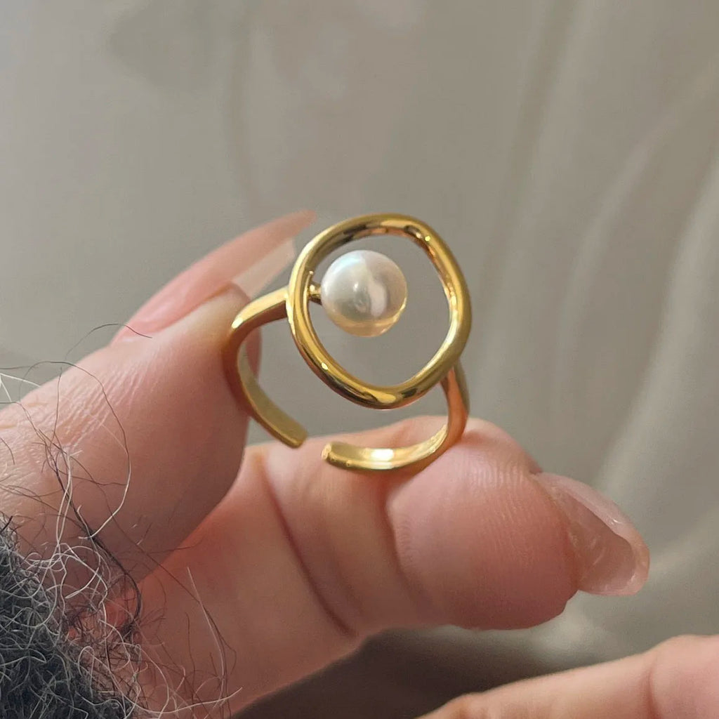 925 Sterling Silver Rings For Women Men Wide Vintage Gold Pearl Open Ring For Birthday Party Gift