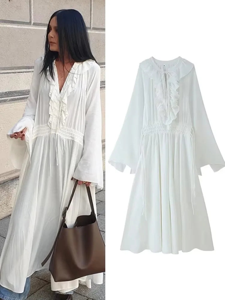 HH Women Summer Fashion Beach Style White Long Dress Long Sleeves Lace-Up Decoration Women's Flounced Edge V-Neck Dresses