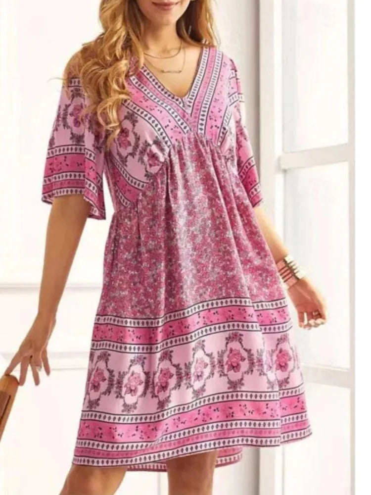 Bohemian Vintage Printed Dress Women's V-Neck Short Sleeved Mini Dresses Elegant Summer Casual Loose Party Dress Robe Femme