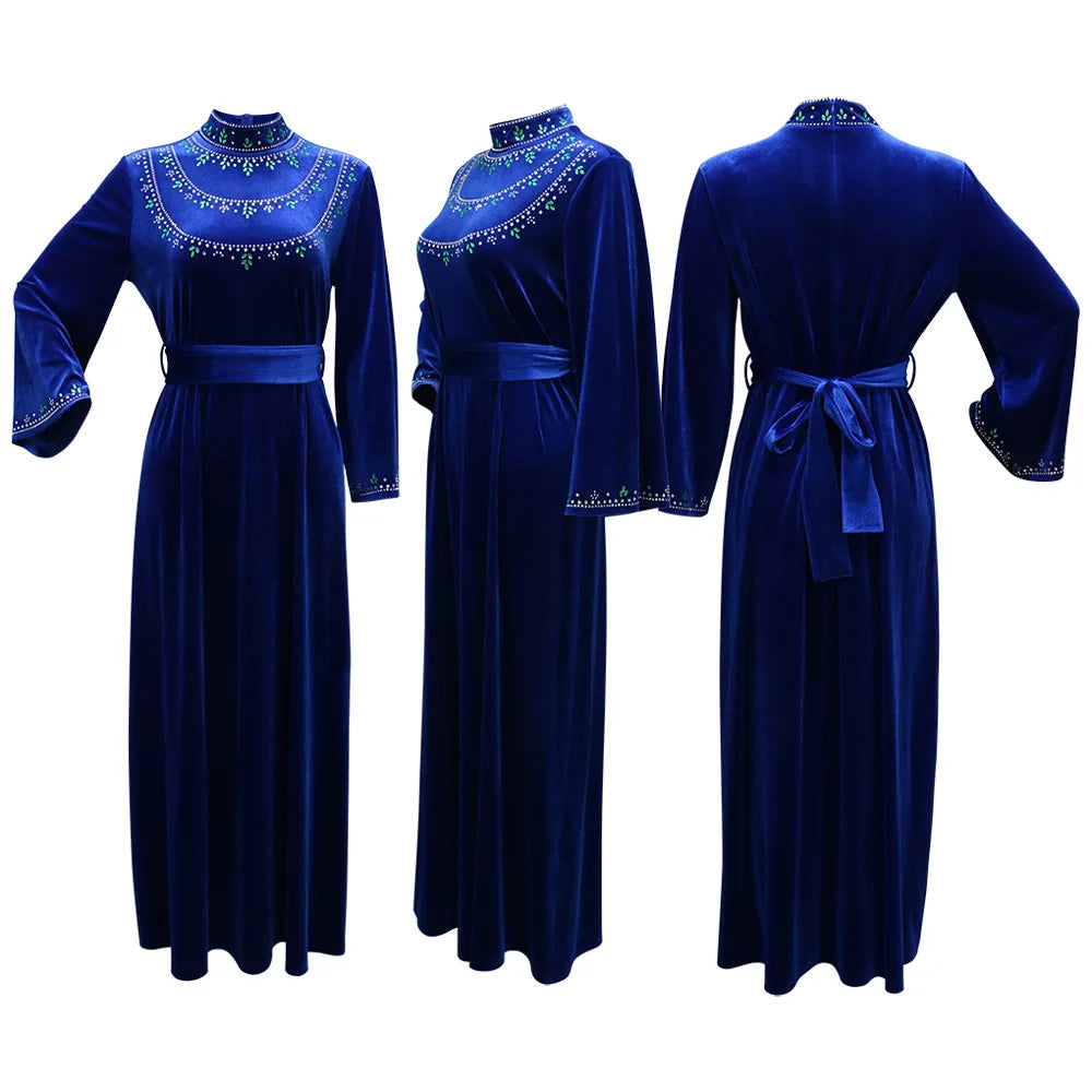 Velvet Autumn Winter Morocco Luxury Muslim Women Abaya V-neck Maxi Dress Turkey Arabic Islamic Kaftan Dubai Evening Party Kaftan